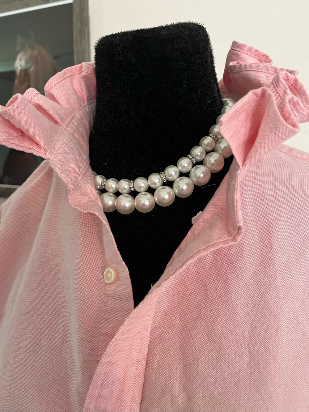 Upcycled Ralph Lauren Light Pink Button-Down Oxford Shirt with Ruffle Collar - Picture 3 of 7
